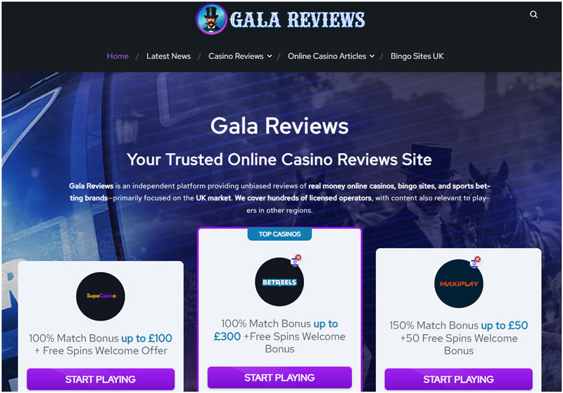 Screenshot from Gala Reviews, an example of an casino affiliate website.
